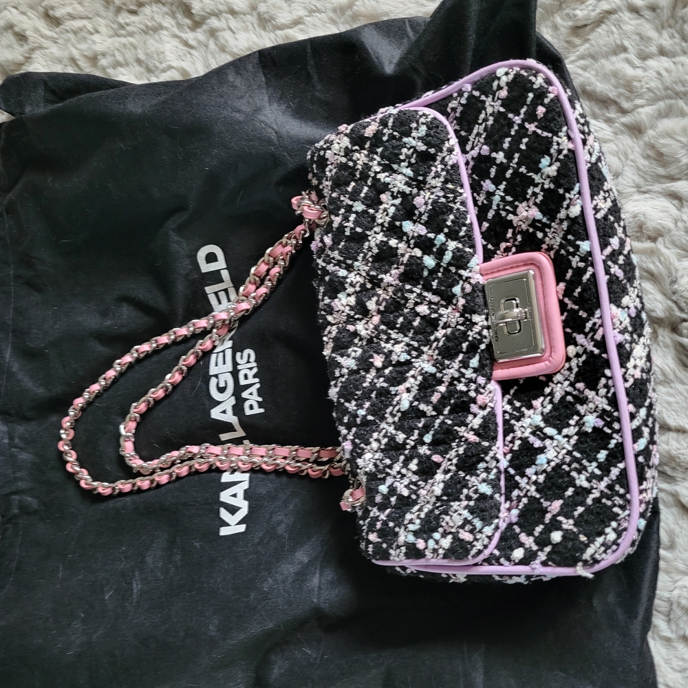Karl Lagerfeld Black and Pink Tweed Bag